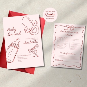 Convite para o brunch do bebê e cartão de previsão | Convite para chá de bebê de menino, menina, gênero neutro | Borda fofa desenhada à mão, escrita à mão | Rosa e vermelho