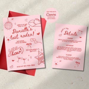 Last Rodeo Bachelorette, Hen Do Invite + Reiseplan Vorlage | Disko-Cowgirl Bachelorette | Bearbeitbare Hand gezeichnet | Leinwand