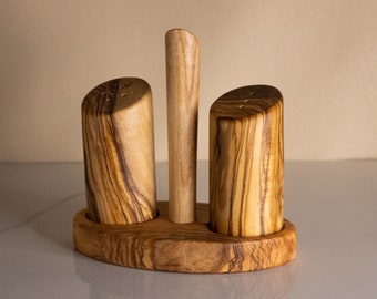 Olive wood salt and pepper shakers | 14 x 9cm / 5,5 x 3,5in, Olive wood, Wooden salt keeper, Salt and pepper shaker, Gift for mom, Unique