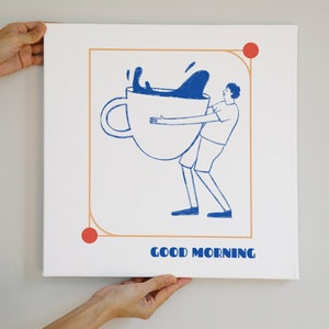 Buenos días a todos y una taza de café: Hombre que lleva una taza de café, arte de pared de café imprimible de alta calidad / Arte digital para estación de café