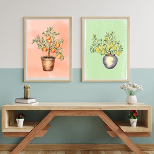 Minimalist Mediterranean wall art decor set of 2/Orange and Lemon tree watercolor poster/Printable wall art/Mediterranean decor/Floral print