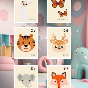 Arte de pared imprimible del alfabeto de la habitación de los niños, tarjeta flash del alfabeto animal impreso, impresión de arte de la pared de la guardería, decoración del aula, educativo Montessori
