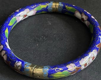 Brazalete chino antiguo de cloisonné con diseño floral, esmalte azul, bisagra de latón, estilo antiguo, 19 cm, joya de colección, regalo.