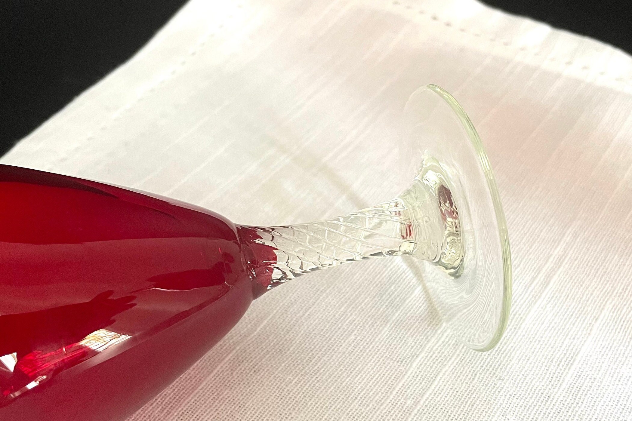 4 Ruby Red Wine Glasses , Pressed Glass With Barley Twist Stem 