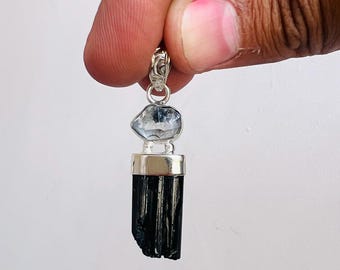 Black Tourmaline Herkimer Diamond Pendant, 925 Sterling Silver Raw Crystal Necklace