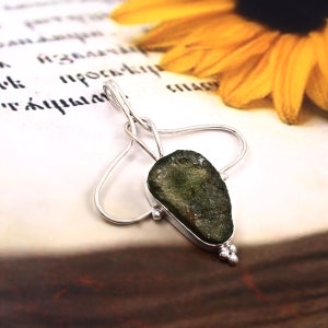 925 Sterling Silver and Natural Rough Moldavite Pendant, Unique Minimalist Pendant, Handmade Silver Jewelry