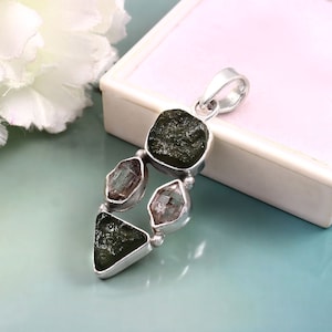 Authentic Czech Moldavite, Herkimer Diamond Natural Gemstone 925 Solid Sterling Silver Handmade Jewelry Pendant For mothers  Day Gifts