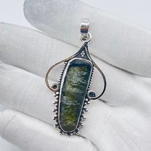 925 Sterling Silver and Natural Rough Moldavite Pendant, Handmade Silver Jewelry, Dainty Minimalist Pendant