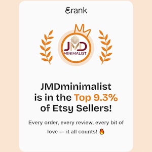 Puede incluir: Un gr&aacute;fico rectangular blanco con el texto Erank en la parte superior, un logotipo circular con las letras JMD y la palabra MINIMALIST, y dos ramas de laurel naranjas. Debajo, el texto dice JMDminimalist is in the Top 9.3% of Etsy Sellers! Every order, every review, every bit of love &mdash; it all counts! con un emoji de fuego.