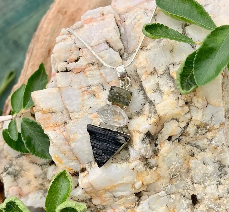 moldavite & herkimar tourmaline pendant  necklase
