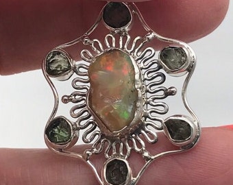Ethiopian & Moldavite pendant, 925 silver pendant, Natural moldavite stone pendant with real ethiopian opal Jewelry,Moldavite necklace chain