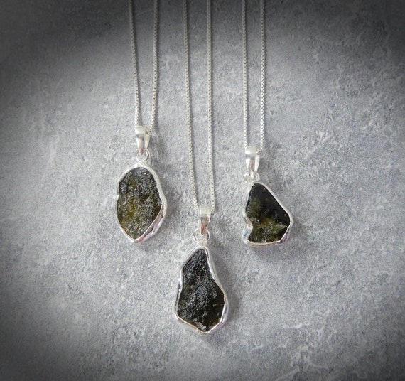 Genuine Moldavite Pendant: Rough Gemstone, Sterling Silver, Handmade
