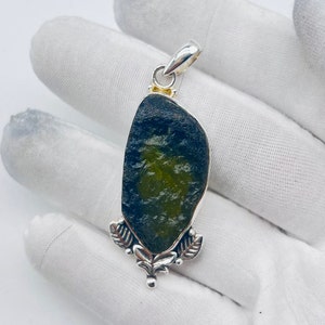 Raw Moldavite and Sterling Silver Pendant - Unique Gift for Him or Her, Minimalist Jewelry&quot; meteorite raw pendant