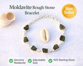 Pulsera de plata de ley con moldavita en bruto y brazalete con auténtica piedra curativa de tectita verde.