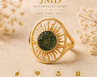 Anillo de moldavita en bruto con diseño de rayos de sol, joyería celestial de plata de ley 925 (chapado en oro)