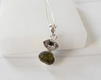 Genuine Moldavite Rough Herkimer Diamond Pendant Natural Gemstone From Czech Republic925Sterling Silver Handmade Jewelry For Mother Day Gift