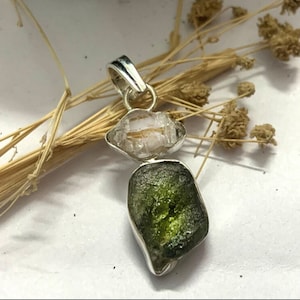 Earth&#39;s Treasures: Moldavite and Herkimer Diamond Pendant in 925 Sterling Silver - Handmade Gift for Her&quot;