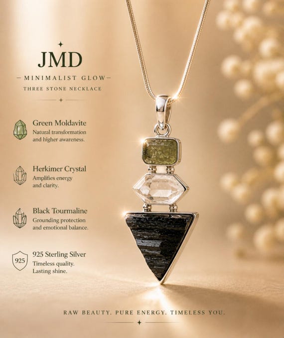 Raw Moldavite Black Tourmaline Herkimer Diamond Pendant, Protection Crystal Necklace, Sterling Silver Rough Stone Jewelry, Unique Combo Gift