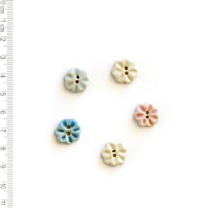 May include: Five ceramic flower-shaped buttons in different colours. The buttons are white with blue, pink, and light blue accents.