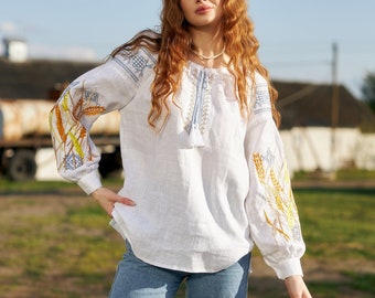 Embroidered Linen Vyshyvanka Blouse – Ukrainian Folk Top with Spikilets