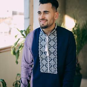Ukrainian embroidery shirt for man, Ukraine Vyshyvanka white on blue, mens traditional embroidered shirt