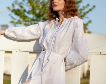Embroidered Vyshyvanka Linen Dress, Ukrainian Ethnic White Summer Dress
