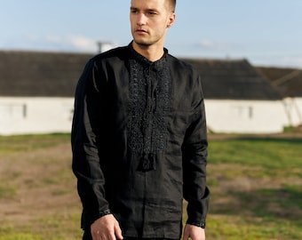 Black Linen Embroidered Shirt for Men, Ukrainian Vyshyvanka
