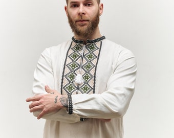 Vyshyvanka de lino para hombre, camisa ucraniana bordada verde, boda boho