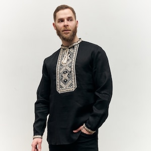 Ukrainian Embroidery Black Mens Linen Shirt, Vyshyvanka, longUkraine Ethnic Clothes for Man