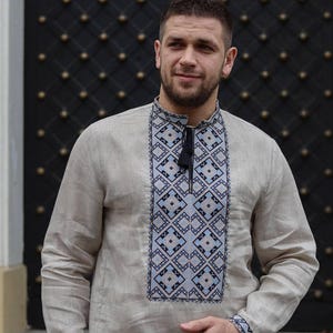 Ukrainian Embroidered Shirt &quot;Hetman&quot; - Men&#39;s Vyshyvanka with Blue Embroidery, 100% Linen, Sizes S-2XL