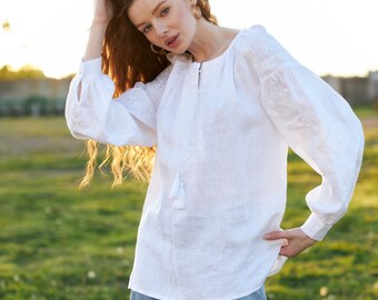 Ukrainian Vyshyvanka Blouse, White Linen Embroidered Peasant Top