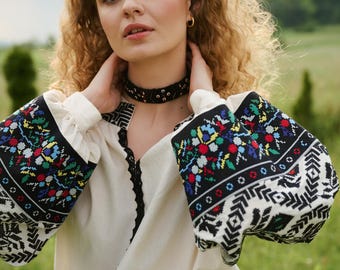 Beige Embroidered Vyshyvanka Blouse, Bohemian Puff Sleeve Peasant Top