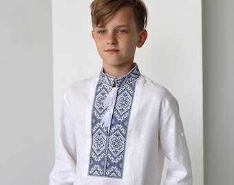Boys Linen Vyshyvanka, Ukrainian Embroidered Shirt, Blue Geometric Pattern