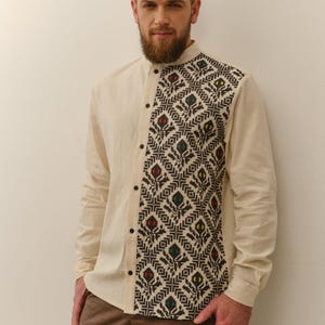 Ukrainian embroidered shirt for men, Mens Ukrainian folk Vyshyvanka, linen cotton mens shirt, Ukrainian gift for him
