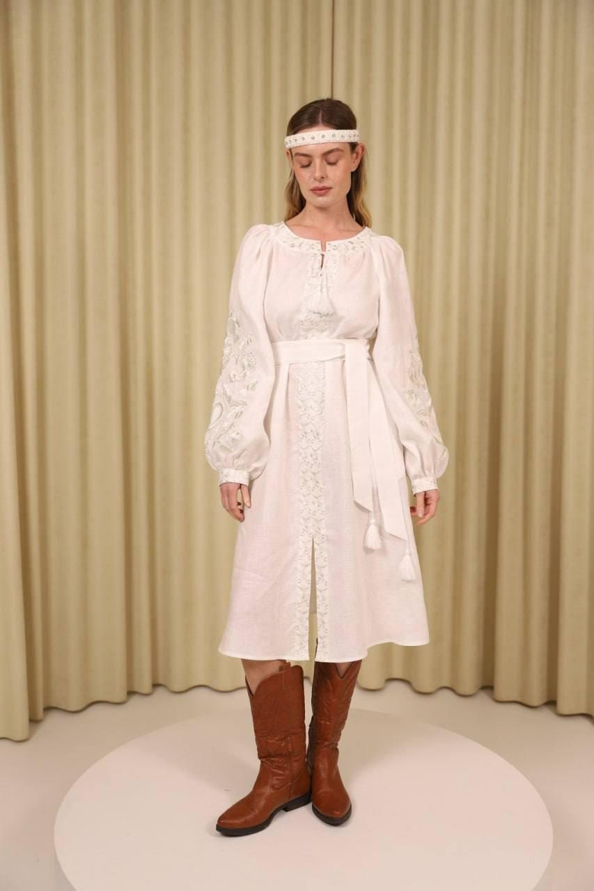 chinese dress ladies White linen dress with floral embroidery Sobachko ETNODIM – Angel for  Fashion main image 1