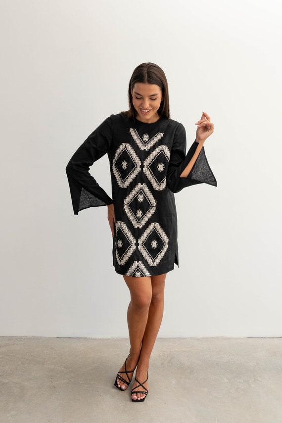 Embroidered Linen Mini Dress: Black Boho Vyshyvanka