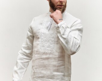 Linen Embroidered Mens Vyshyvanka Shirt, White on White, Ukrainian Ethnic Clothes