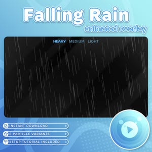 Peut inclure: Une superposition animée numérique intitulée "Falling Rain". L'image montre un rectangle noir avec des lignes blanches simulant la pluie. Le texte indique les options de pluie forte, moyenne et légère. Le texte supplémentaire comprend "Téléchargement instantané".