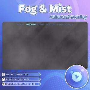 May include: A digital graphic for a Fog & Mist animated overlay featuring a dark gray rectangular preview area with text options including HEAVY, MEDIUM, LIGHT, BOTTOM, SIDES, and CLOUD. Includes buttons for instant download, 6 particle variants, and a tutorial.