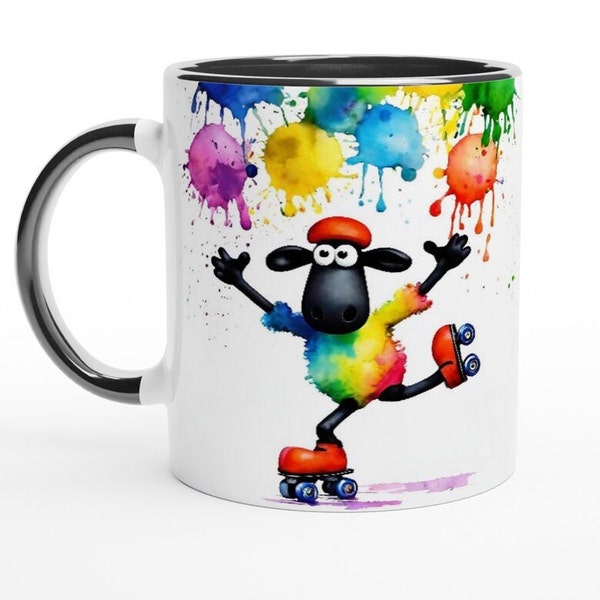 Tasse mit Sheply-Schaf auf Rollschuhen, lustige Shetland-Schaf-Tasse, verlorenes Schaf, Putz-Schaf-Farmtier-Tasse, Shaun das Schaf-Kaffeetasse, Schaffamilie