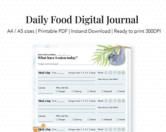Daglig matdagbok, måltidsspårare, digital fitnessplanerare, minimalistisk kalorispårare, matlogg, kostdagbok, digital utskrivbar dagbok