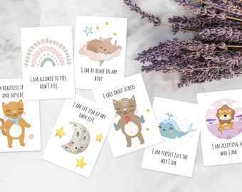 Positiva bekräftelsekort, positiva citatkort, affirmationskort, självkänsla, självförtroende, egenvård, digitalt utskrivbara kort, kärlek