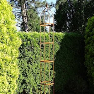 Może przedstawiać: Wysoki, cylindryczny obelisk ogrodowy wykonany z zardzewiałego metalu. Konstrukcja składa się z pionowych prętów połączonych czterema okrągłymi pierścieniami, zwieńczonych spiczastym elementem ozdobnym. Otwarta forma służy jako podpora dla pnączy.