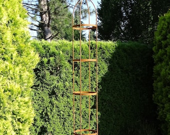 Obelisco metálico de jardín, soporte para plantas trepadoras, acabado en óxido (260 cm de altura)