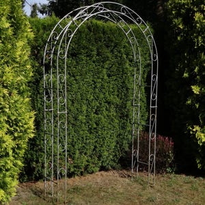 May include: A tall, arched garden trellis constructed from thin, silver-toned metal tubing. The structure features a rounded top and vertical side panels decorated with repeating scrollwork patterns, providing a framework for climbing plants.