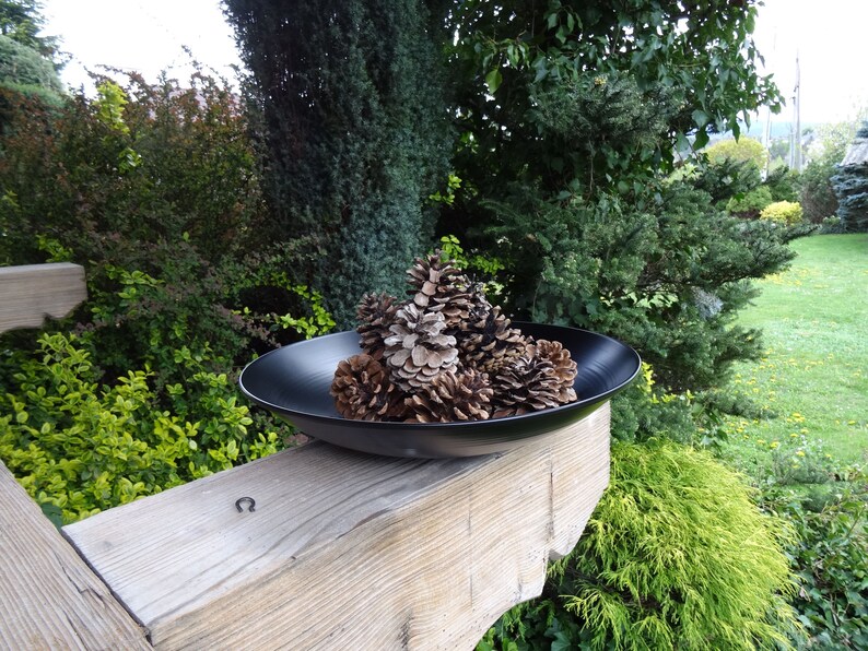 Op de afbeelding: Een zwarte metalen kom gevuld met dennenappels staat op een houten oppervlak. De kom is omringd door groen gebladerte.