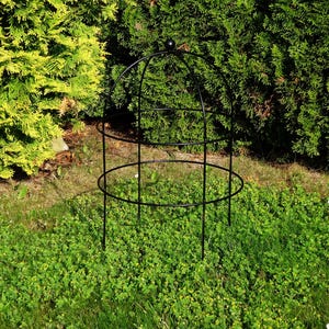 Op de afbeelding: Zwarte metalen tuinobelisk met een koepelvormige top en cirkelvormige steunen. De obelisk staat in een grasveld met groene bladeren op de achtergrond. De structuur is ontworpen om klimplanten te ondersteunen.