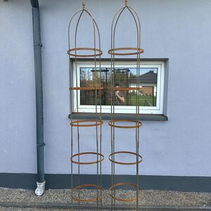 Op de afbeelding: Twee hoge, cilindrische tuinobelisken van roestig metaal. Elke structuur is voorzien van verticale staven verbonden door vier horizontale cirkelvormige ringen, bekroond met een puntige finial. Het ontwerp is open en skeletachtig.