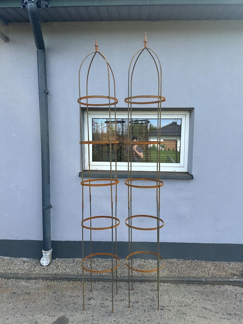 Op de afbeelding: Twee hoge, cilindrische tuinobelisken van roestig metaal. Elke structuur is voorzien van verticale staven verbonden door vier horizontale cirkelvormige ringen, bekroond met een puntige finial. Het ontwerp is open en skeletachtig.