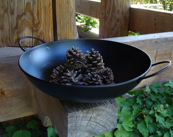 Handmade metal bowl with handles, decorative steel bowl, rustic centerpiece, indoor outdoor decor, garden table decoration